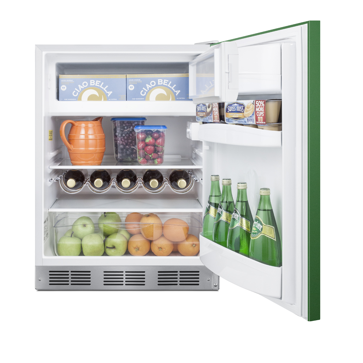 24 in. wide refrigerator-freezer for residential use with an emerald green door, stainless steel handle, and white cabinet
